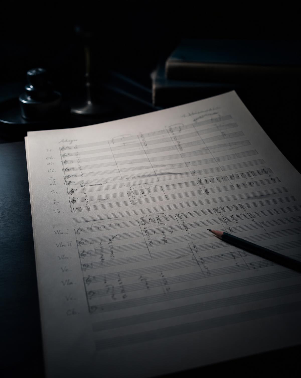 Handwritten orchestral score manuscript on a dark desk with a pencil